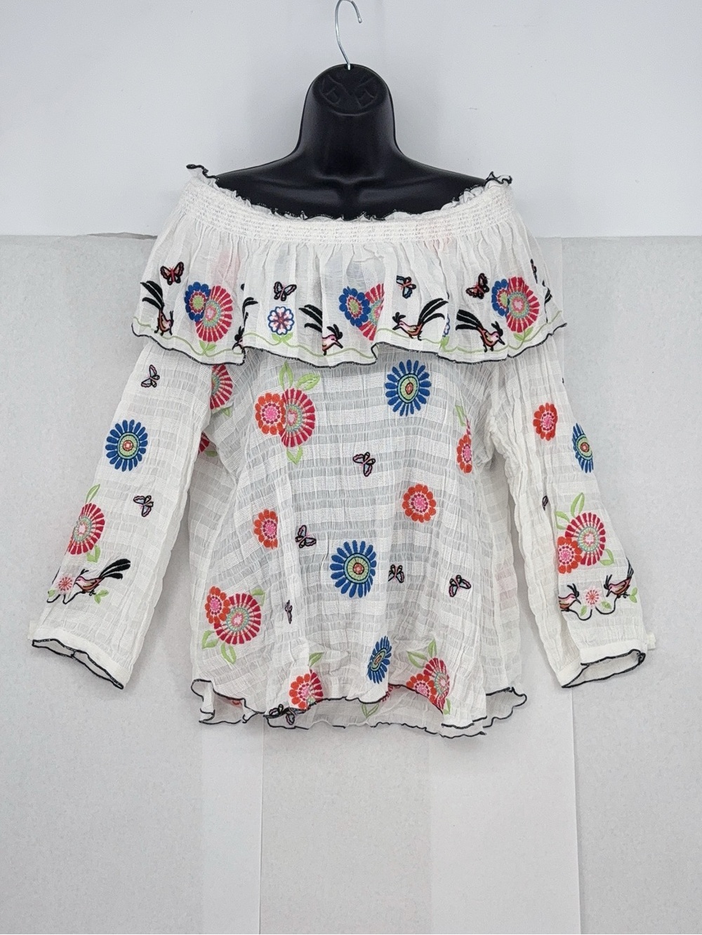 John Mark White Embroidered Blouse Bright Star Butterflies Birds size XL - Picture 2 of 6
